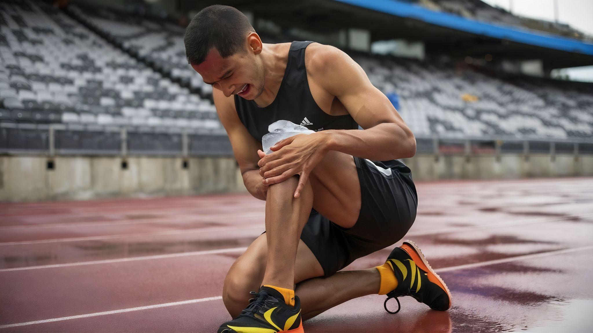 A man kneeling, holding his knee in pain from a sports injury.